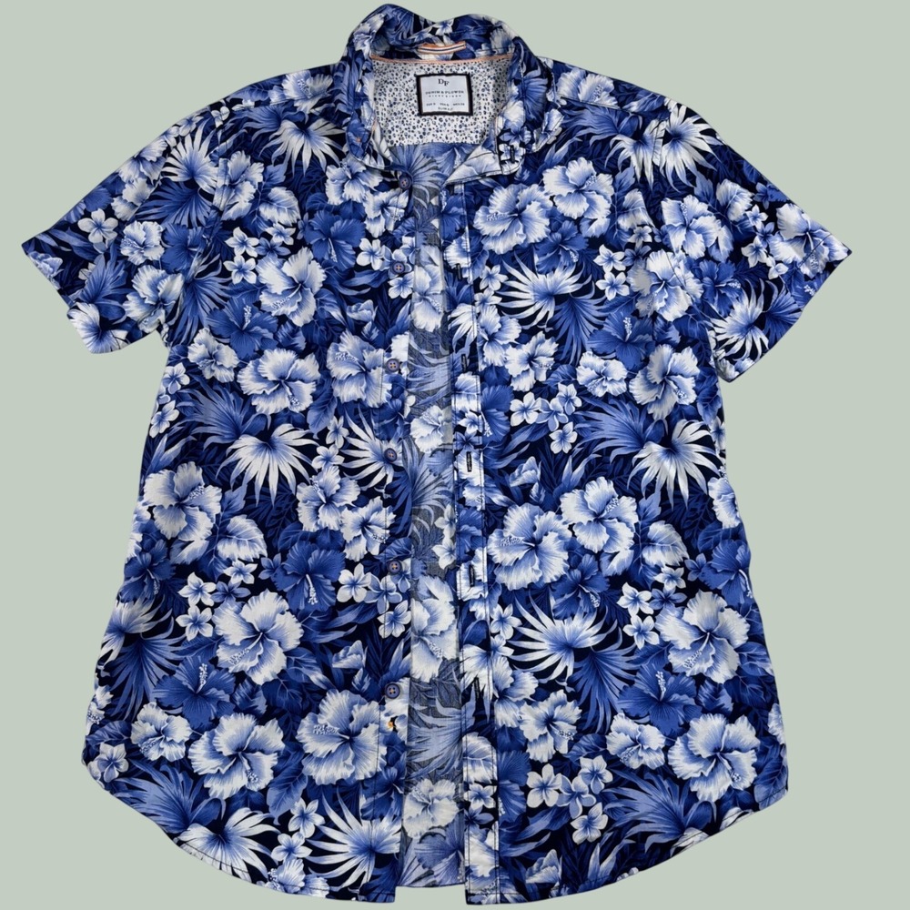 denim & flower blue white hawaiian shirt mens vacation tropical dad core y2k